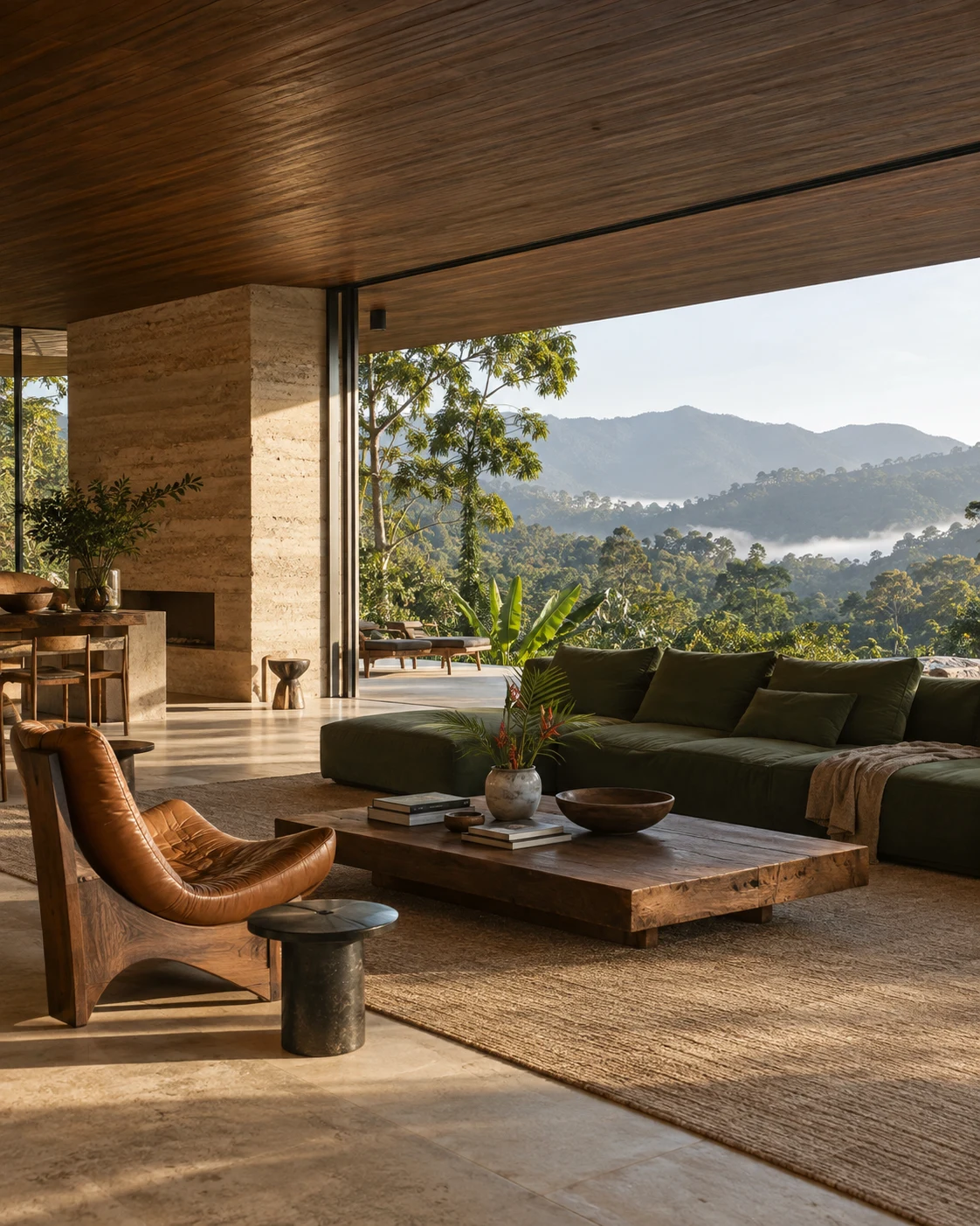 Sala com madeira escura, sofá verde e vista para o vale