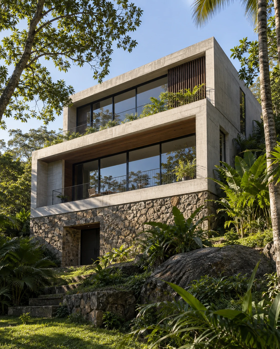 Casa elevada sobre base de pedra em terreno verde