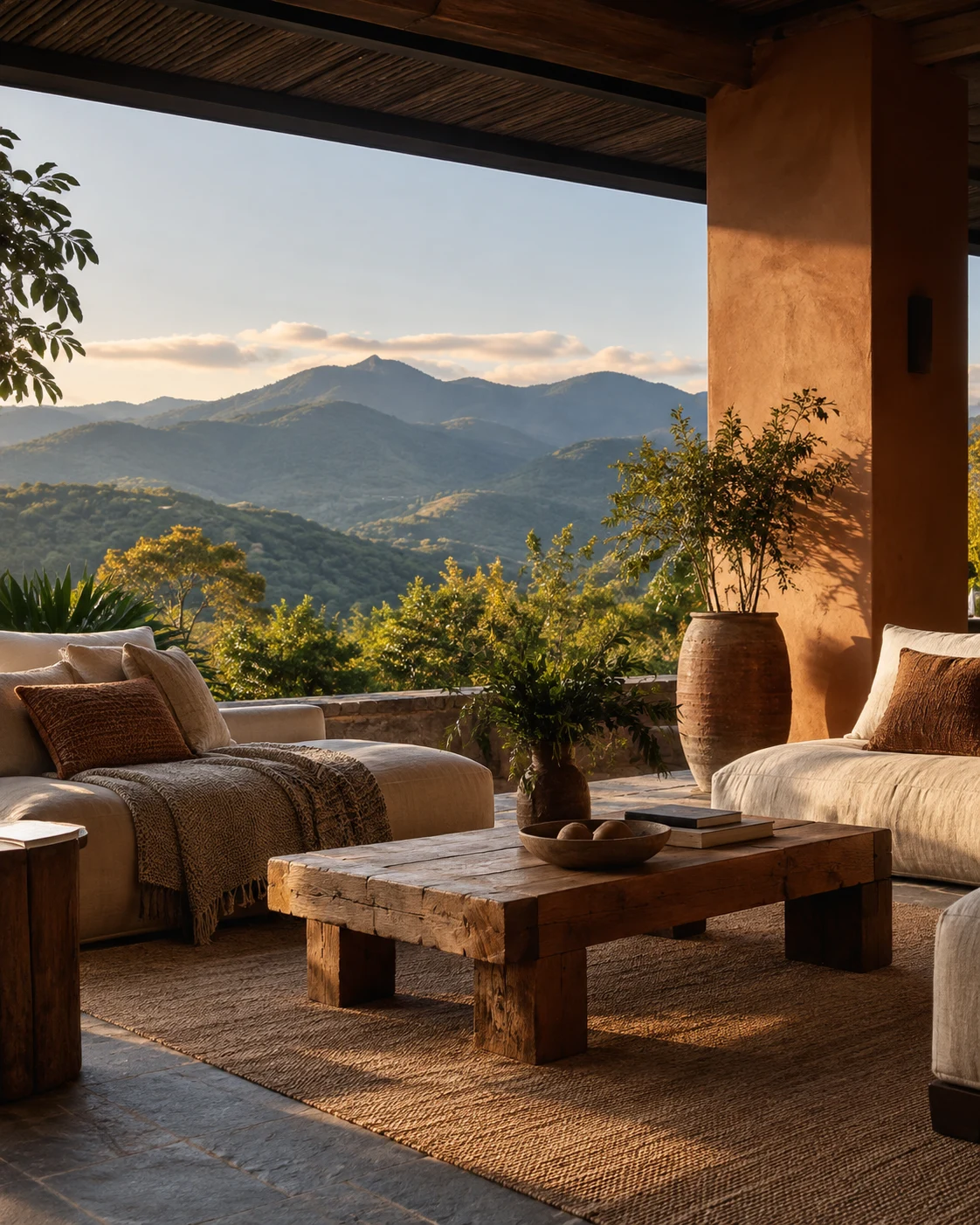 Interior com materiais naturais e vista da paisagem