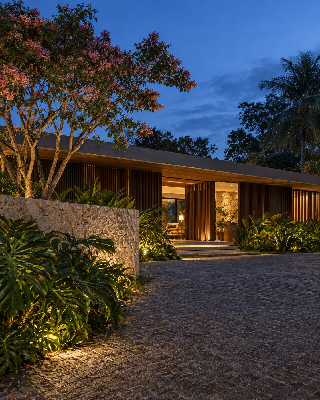 Chegada a casa térrea com jardim ao entardecer