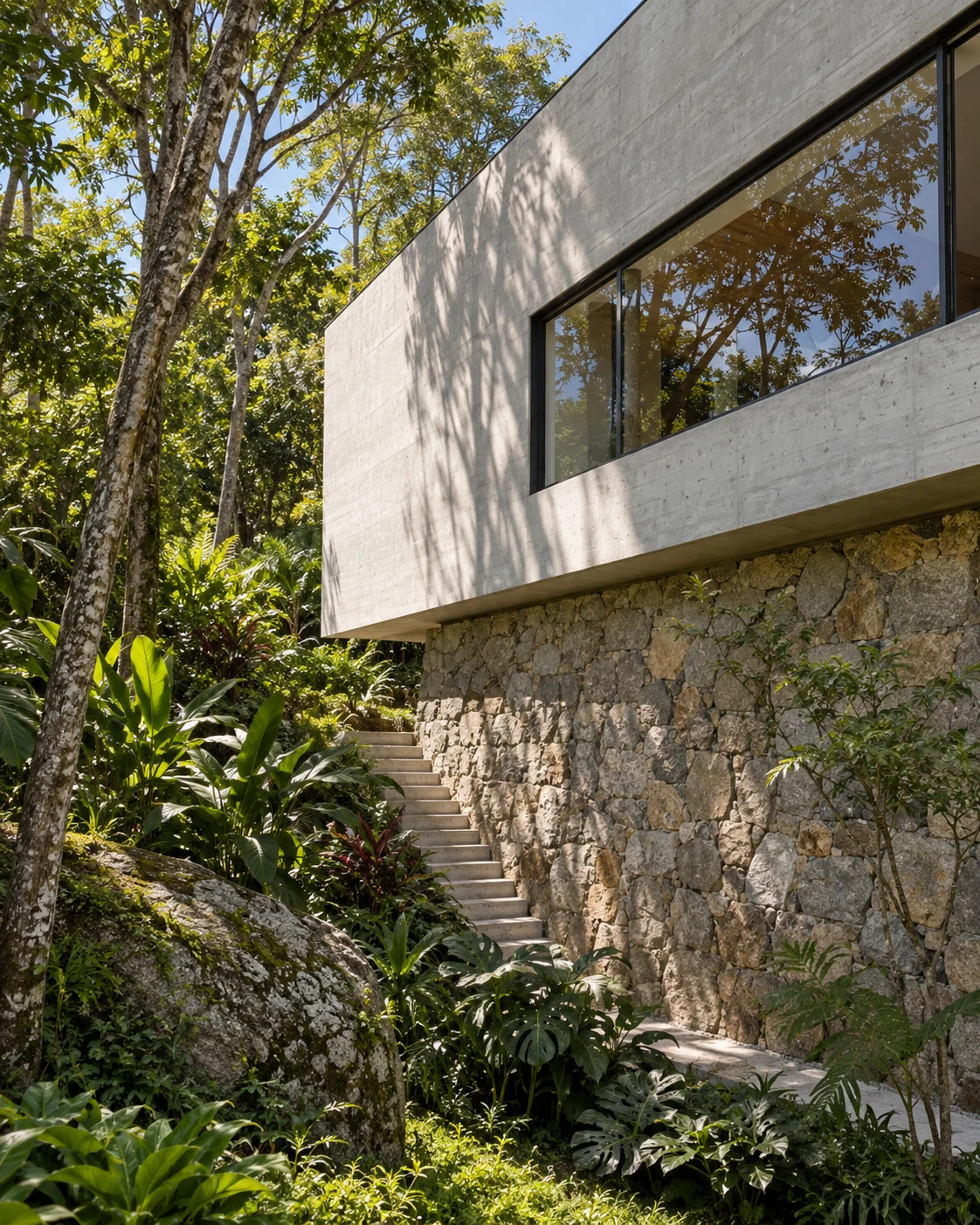 Casa de concreto e pedra em terreno inclinado