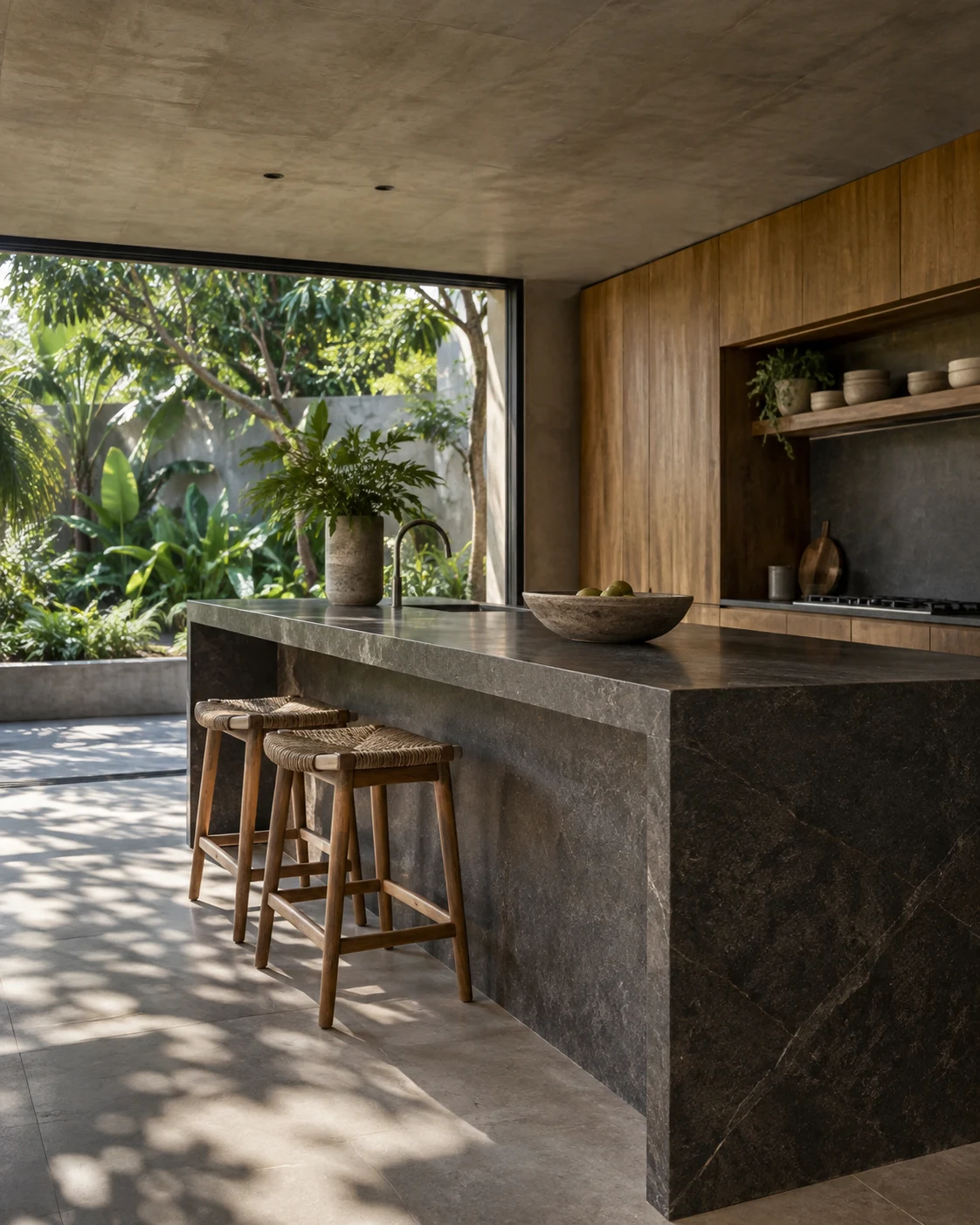 Cozinha com bancada de pedra escura aberta para jardim