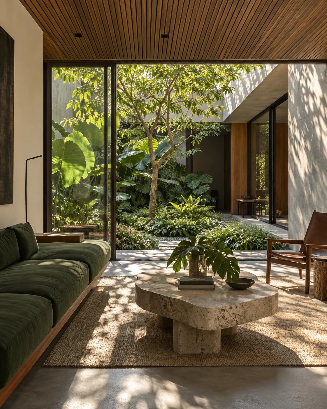 Sala com sofá verde voltada para jardim central