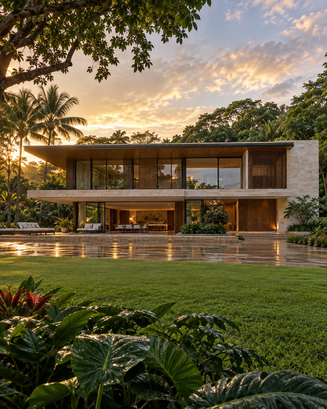 Casa contemporânea de pedra clara entre jardim e sombra