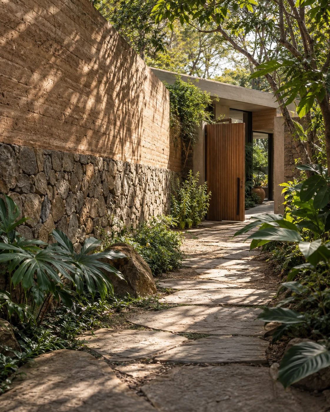 Caminho de pedra entre muros de terra e vegetação