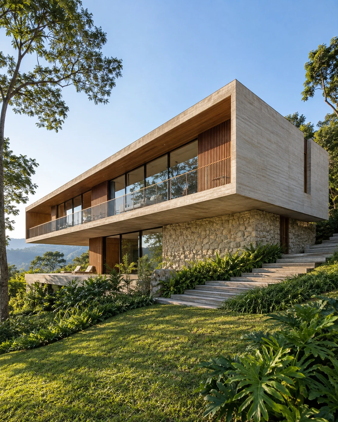 Fachada residencial de pedra e concreto elevada sobre um jardim
