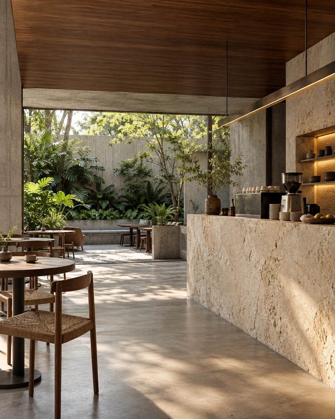 Café com balcão de pedra e jardim sombreado