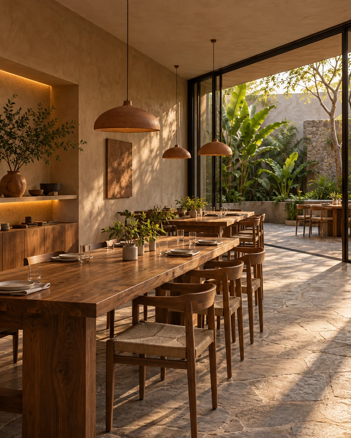 Restaurante com mesas de madeira e abertura para jardim