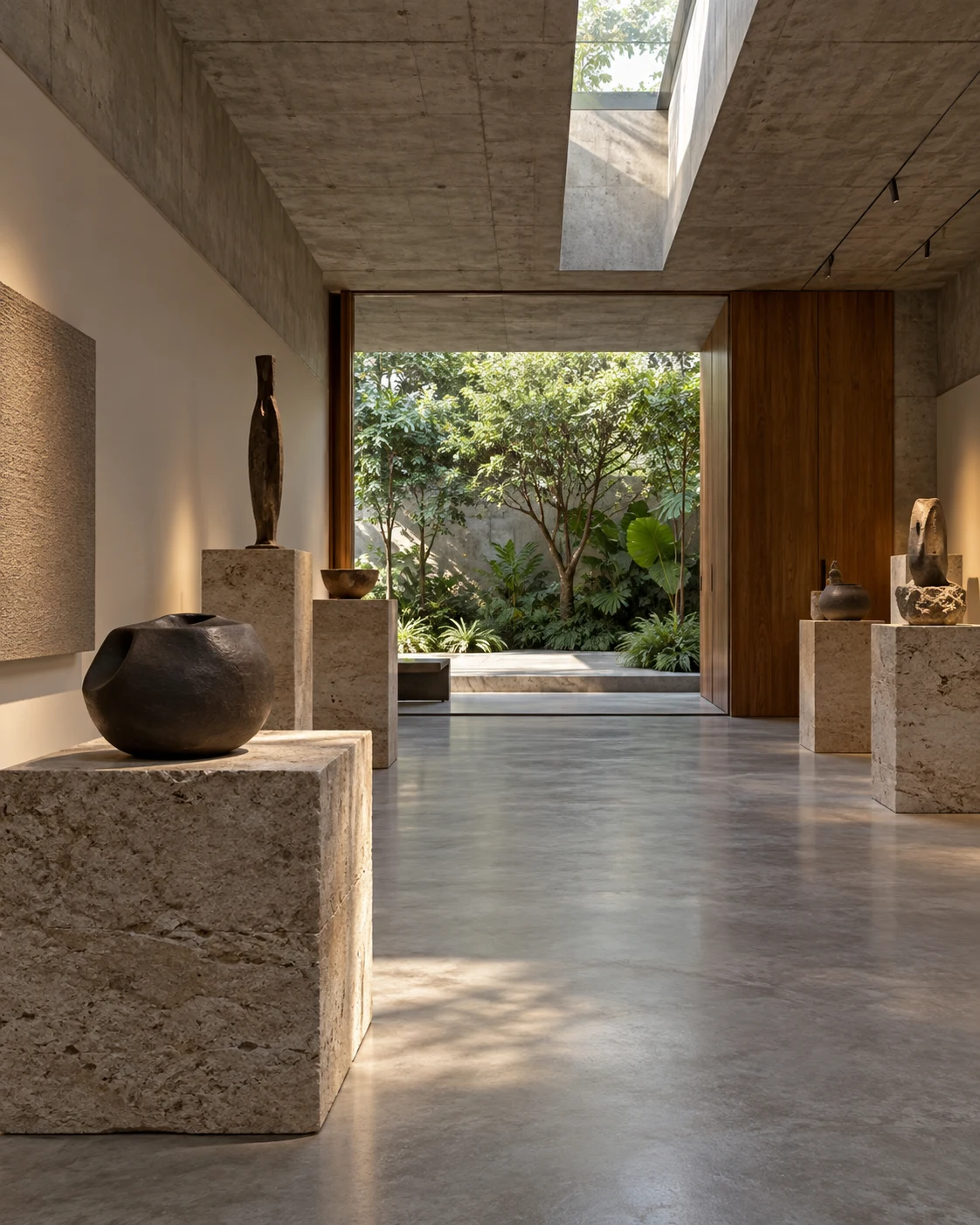 Galeria com bases de pedra e luz no pátio