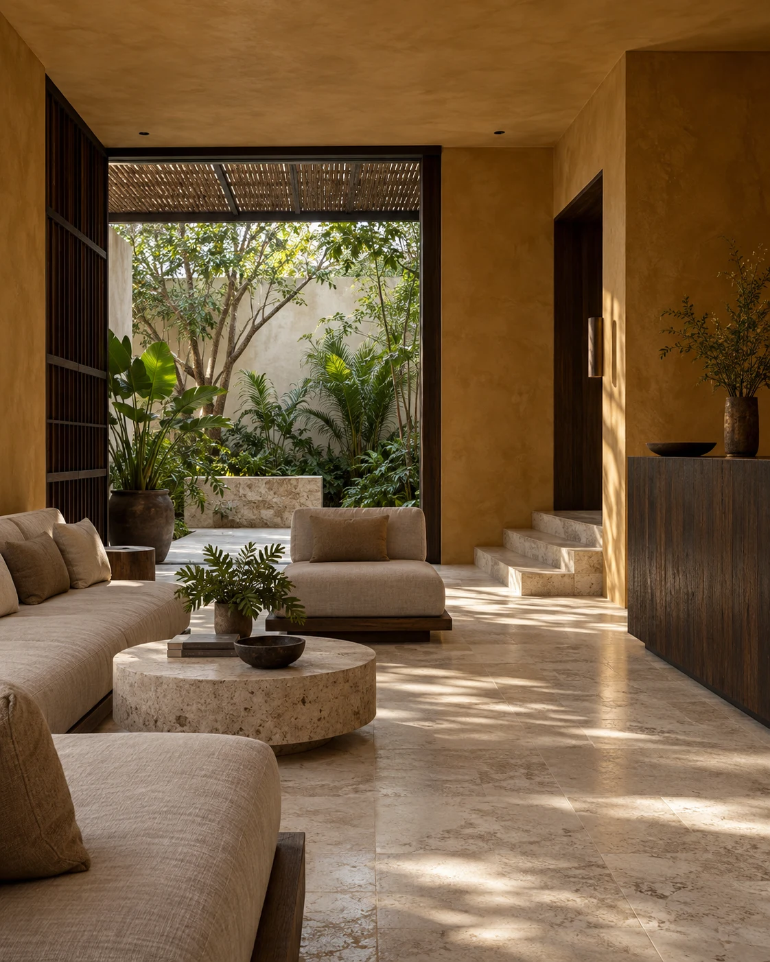 Lobby com paredes minerais e jardim interno