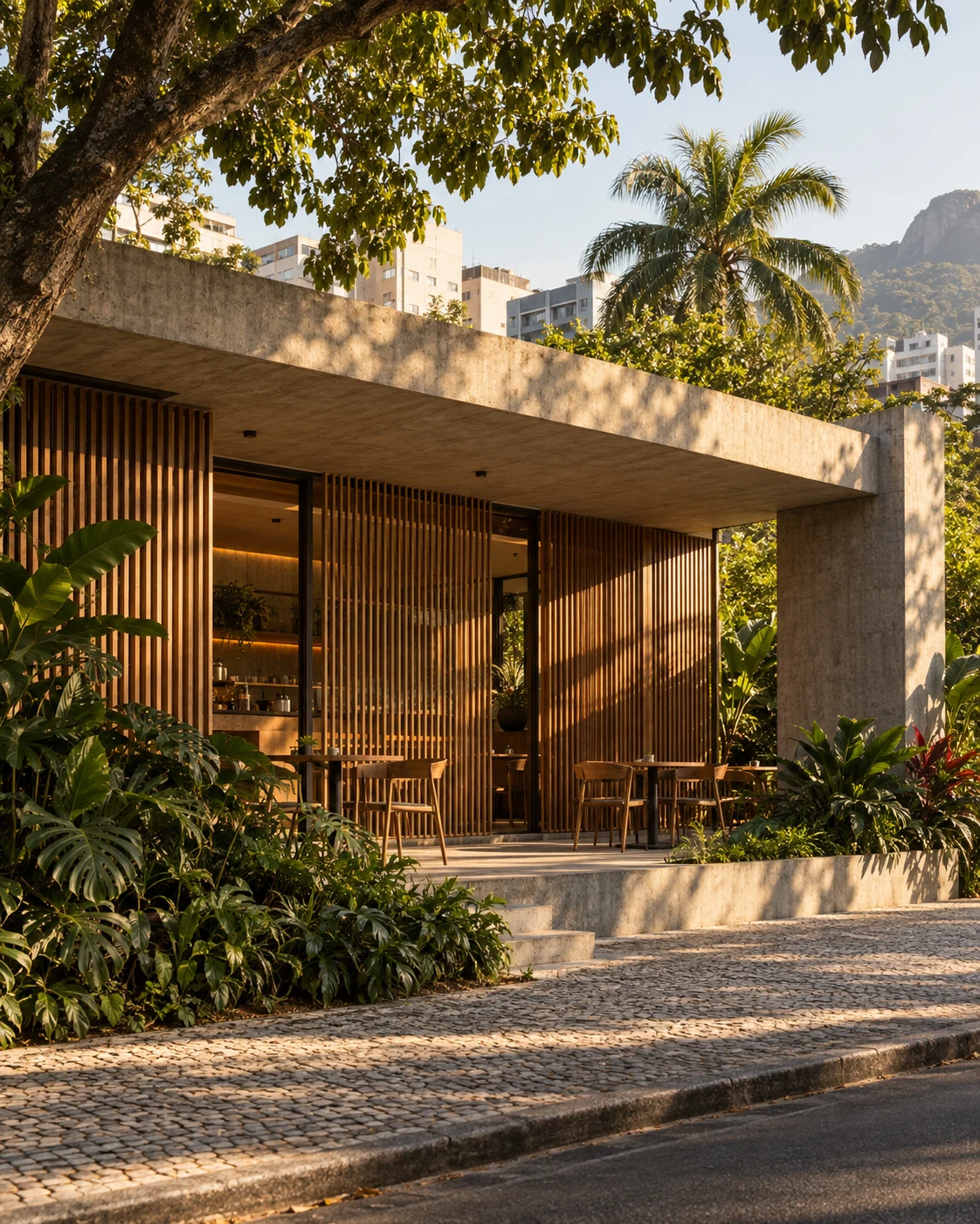 Pavilhão comercial com beiral profundo e vegetação
