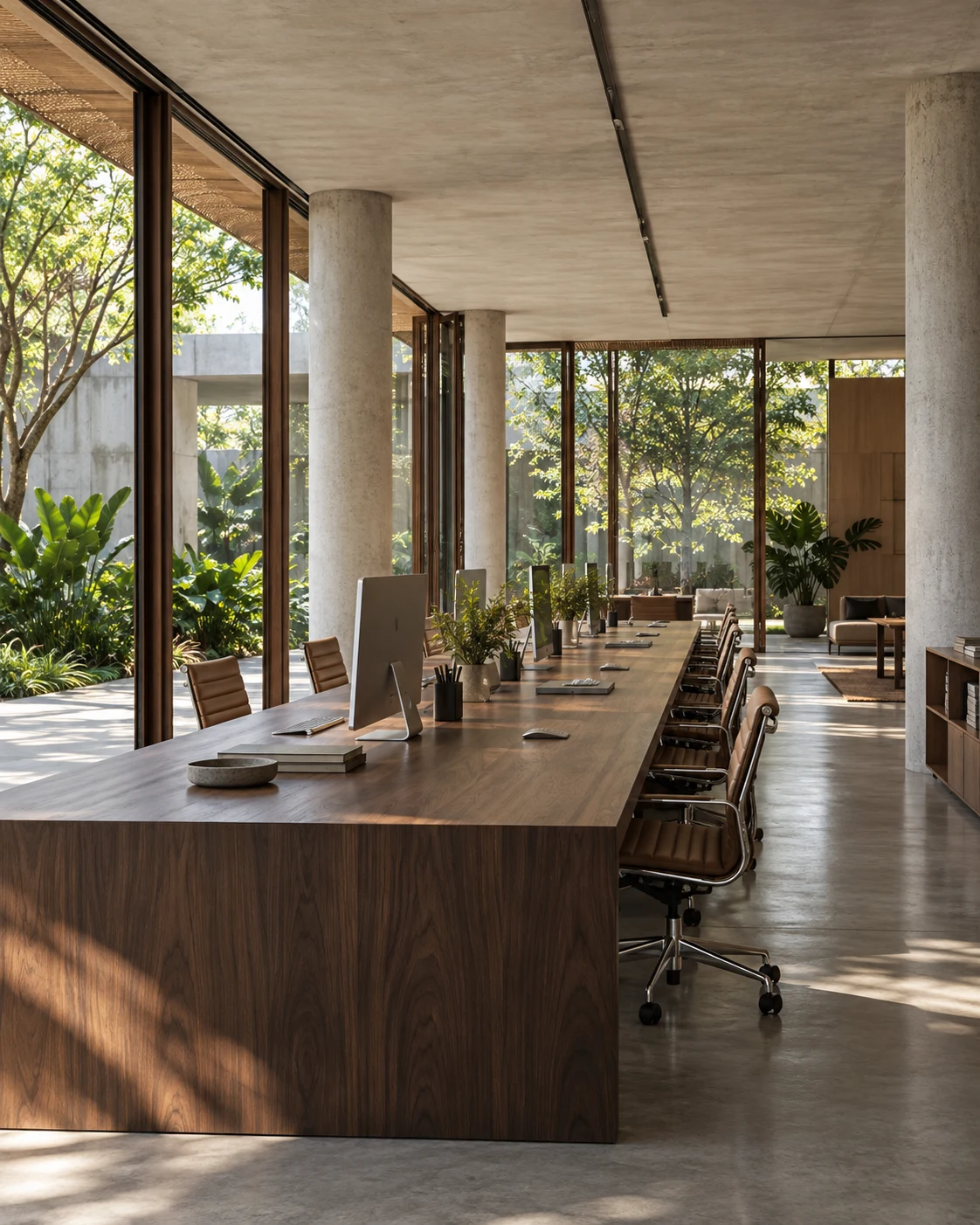Espaço de trabalho com mesa longa e vista para pátio verde