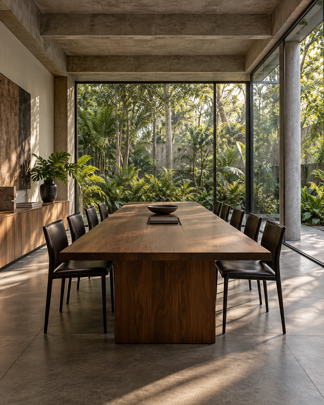 Sala de reunião com mesa de madeira e vista para jardim