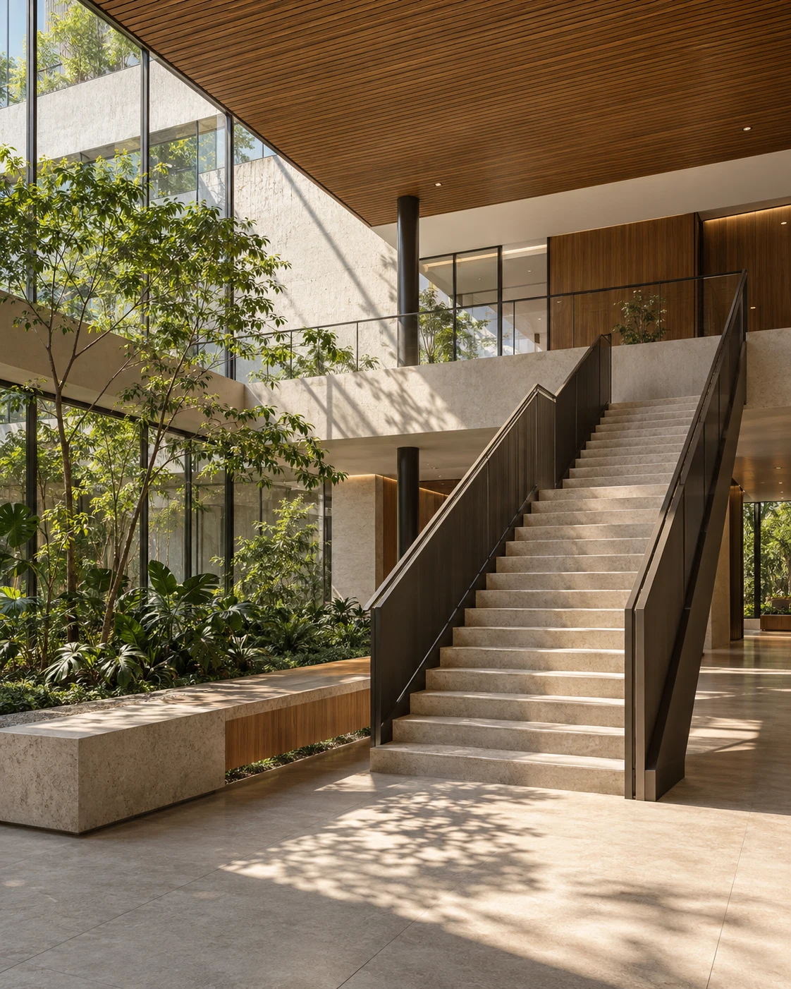 Átrio corporativo com escada e pátio arborizado