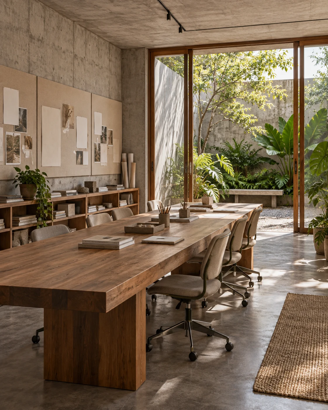 Espaço colaborativo com mesa longa e pátio