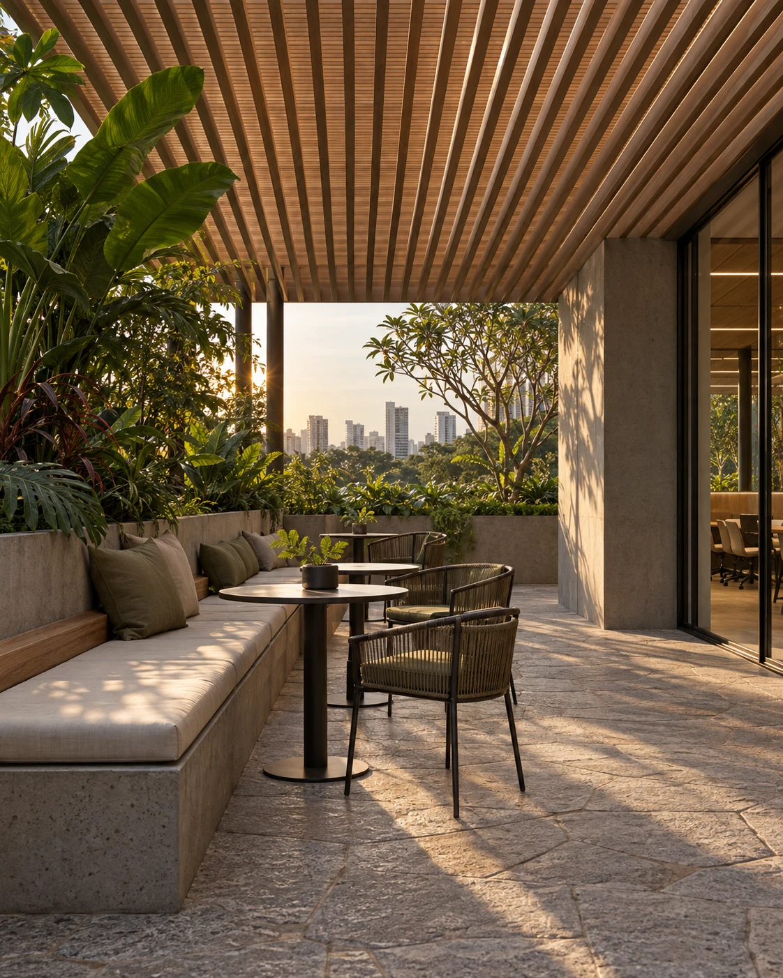 Terraço de escritório com pergolado e vegetação